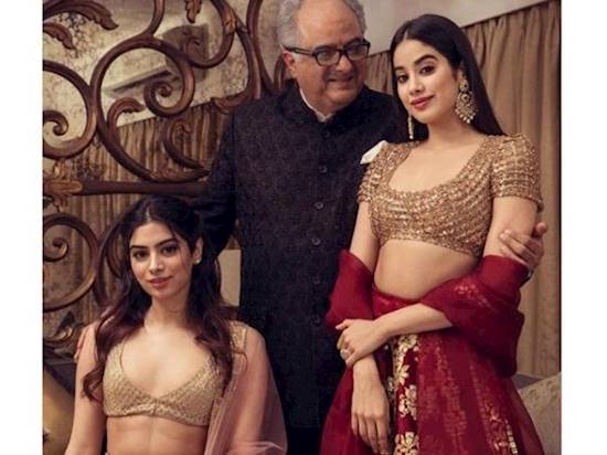 Janhvi Kapoor and Khushi Kapoor pose for a perfect family photo with Boney Kapoor at Isha Ambani's wedding