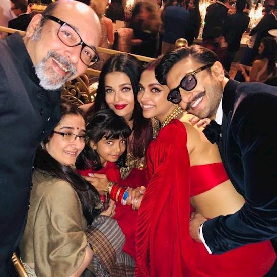 Aishwarya Rai Bachchan, Deepika Padukone, Ranveer Singh and Aaradhya pose for a groupfie in this picture from Isha Ambani's sangeet ceremony